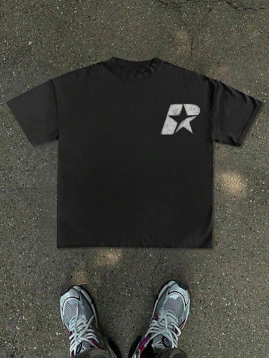 New Men's T-Shirt, Minimalist White Base Pattern With An Abstract Geometric Lettering Graphic In Vintage Style On The Left Chest, Minimalist And Versa - 黑色 - 查看 1
