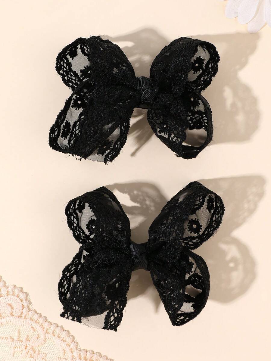2件組女孩蕾絲髮蝴蝶結黑色刺繡花朵髮夾,夏季優雅婚禮派對髮飾仙女風髮夾,嬰兒髮飾 - 黑色 - 查看 1