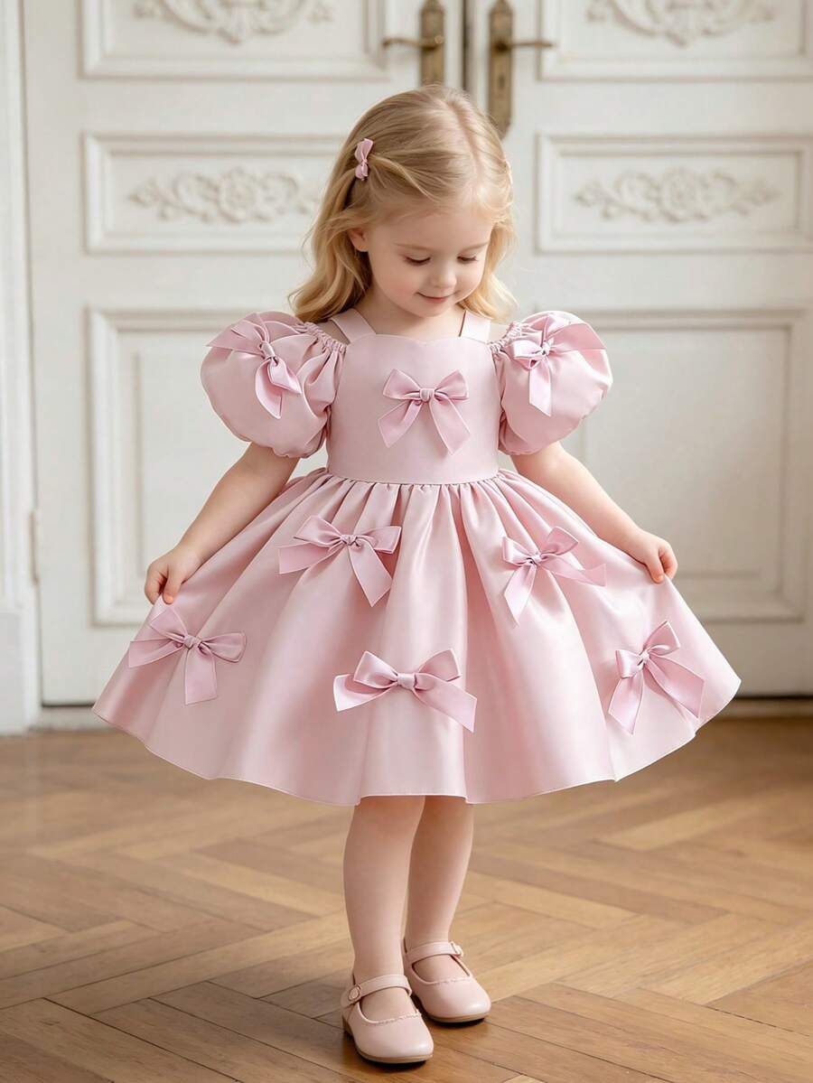 Baby Girls Thick Strap 3D Bow Satin Cute Wedding Flower Girl Princess Dress Suitable For Birthday Party, Headband Not Included - Dusty Pink - View 1