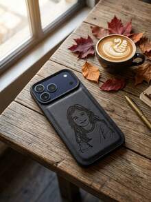 個性化客製線條繪圖設計荔枝紋 PU 皮革手機殼，相容 iPhone 17 16 15 14 13 12 11 Pro Max 與 Plus 系列，鏡頭保護、防震耐磨，UV 列印工藝，手寫刷筆風格，生日與週年紀念完美禮物 - 黑色 - 查看 4