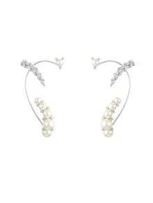 1 par de nuevos ganchos de oreja con perlas geométricas, clips de oreja integrados sin perforación, accesorio elegante - Plateado - Ver 2
