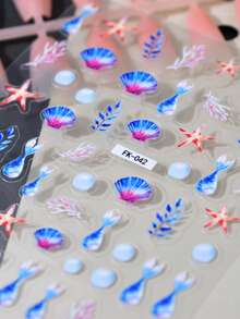 1pc Watercolor Gradient Mermaid Tail Shell Nail Stickers Ocean Plants Starfish Nail Decals Self-Adhesive Disposable Embossed Nail Art Decor Girly Style INS Suitable For Daily Wear And Dates - Multicolor - View 5