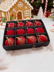 12pcs Burgundy Flocked Christmas Balls, Flocked Christmas Tree Hanging Ornaments, Suitable For Decorating Christmas Tree And Various Holiday Arrangements, Christmas Decorative Balls - Multicolor - View 11