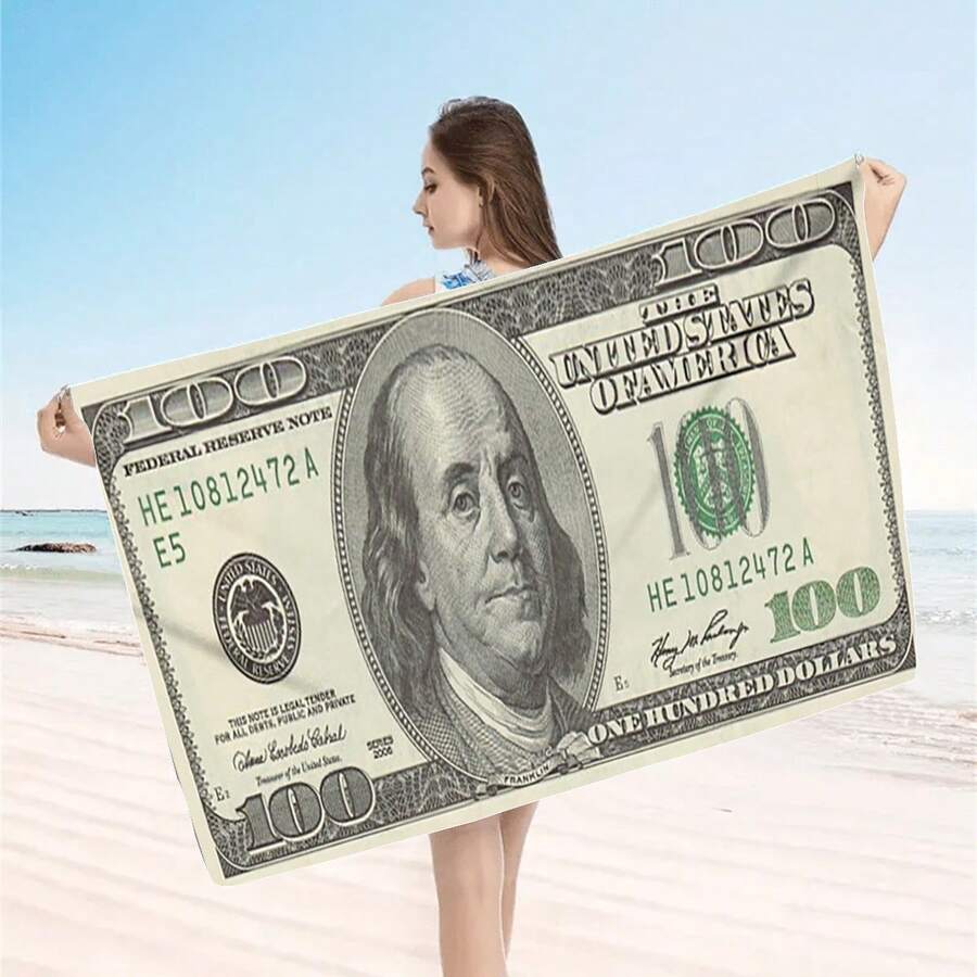 1件美金圖案印花柔軟沙灘巾，適合游泳、露營與度假，適用於瑜伽、潛水與旅行 - 彩色 - 查看 1