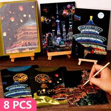 8Pcs Sparkling Metropolis Scratch Art Papers, Scratch Off And Make Your Own Unique Night City View - Black Magic Paper DIY Craft, Stress Relief, Perfect Gift For Birthdays, Thanksgiving & Christmas, Random Style - 8-piece Scratch Paper Art Kit - View 1