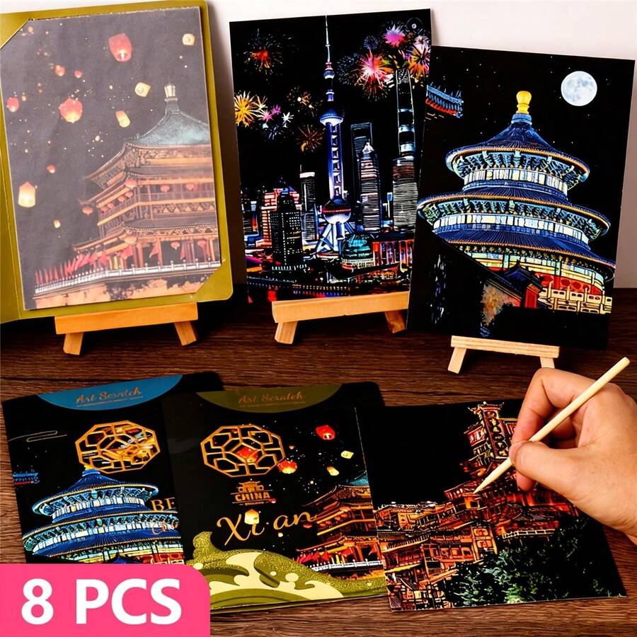 8Pcs Sparkling Metropolis Scratch Art Papers, Scratch Off And Make Your Own Unique Night City View - Black Magic Paper DIY Craft, Stress Relief, Perfect Gift For Birthdays, Thanksgiving & Christmas, Random Style - 8-piece Scratch Paper Art Kit - View 1