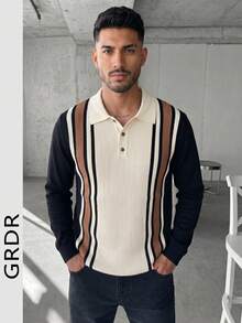 GRDR Men's Vintage Contrast Color Versatile Collared Vertical Striped Knit Long Sleeve - Casual Everyday Wear - Black - View 5