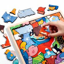 1 Set Square Wooden Animal Puzzle Toy, Dense Cartoon Dinosaur & Marine Life 3D Puzzle Pieces, Toddler Hand-Eye Coordination Cognitive Educational Puzzle Board, Home Parent-Child Interactive Early Education Gift - Multicolor - View 3