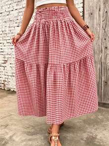 Rok Panjang Wanita Motif Kotak-kotak Merah dengan Detail Kerut, Pinggang Tinggi, Berlapis, dan Mengalir, Rok Maxi Kasual Model A-Line - Kotak-kotak merah dan putih - View 3