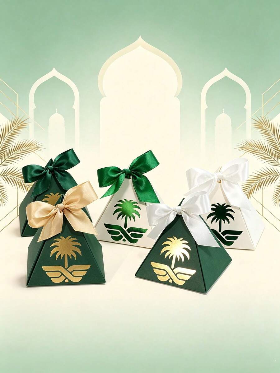 5Pcs Luxury Pyramid Favor Boxes With Palm Tree Pattern And Ribbon Bow, Premium Paper Gift Packaging For Saudi Arabia Theme Parties, Elegant Event Decorations, Boutique Gift Boxes, Holiday Celebrations And Special Occasion Supplies