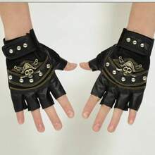Autumn Winter Warm Half Finger Leather Gloves Unique Pirate Skull Rivet Decor Non Slip Durable Gloves For Men Women Outdoor Cycling Mountaineering - Pirate Black - View 6