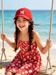 1pc Children's 26 Flower Letter Pattern Pink Baseball Cap, Toddler Girls Sun Hat, Suitable For Outdoor, Daily Wear, UV Protection - Red - View 3