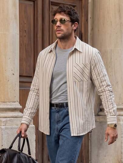 Lookun Men's Long Sleeve Shirt, Turn-Down Collar, Slightly Loose Fit, French Casual Style, Fine Vertical Stripes, Asymmetric Chest Pocket, Single-Breasted