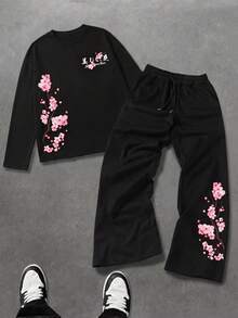 SU ER Men's Summer Round Neck Casual Long Sleeve T-Shirt And Casual Pants Set - Black - View 3