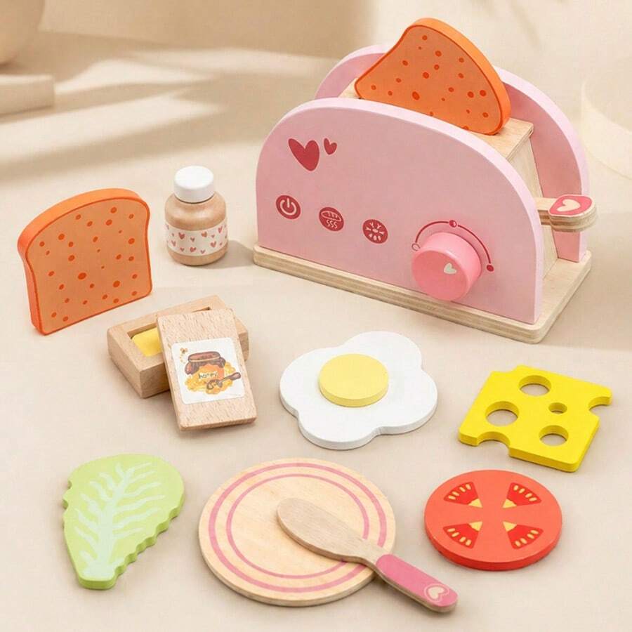 Set Mainan Pemanggang Roti & Sandwich Kayu, Termasuk Pemanggang Roti Pop-Up, Mentega yang Dapat Diiris, Aksesoris Dapur, Mainan Bermain Peran untuk Anak Usia 3, 4, 5, 6 Tahun
