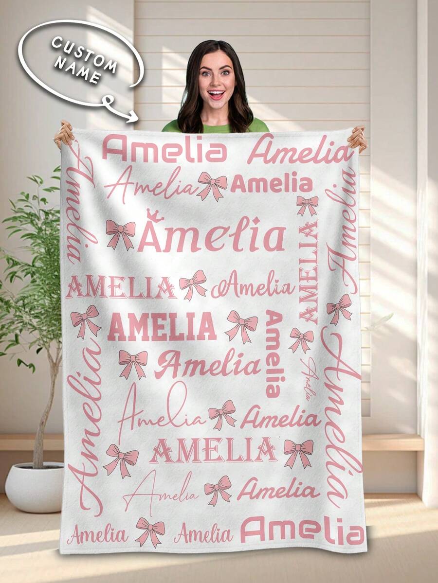 1pc Customized Flannel Name Blanket, Suitable For Bed, Living Room, Sofa, Outdoor, Beach, Camping, Pets And More Occasions, Can Be Personalized With Family/Pet/Couple Name Print, Ideal Gift For Christmas, Mother's Day/Father's Day, Family, Birthday, Friends, Women, Parents And More Occasions. - Style 1 - View 1