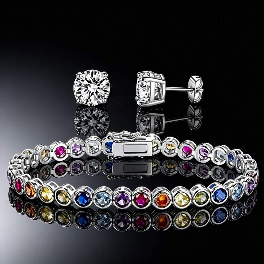 2pcs/Set 18K White Gold Plated Jewelry Set, 4mm Round Bezel Colorful Cubic Zirconia Tennis Bracelet And 6mm Stud Earrings, Women's Style, Suitable For Wedding Anniversary