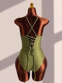 Women's Elegant Solid Color Halter Backless Cross-Tied Beaded Ruffle Textured Bust Pleated Waist One-Piece Swimsuit Vacation Beach Summer - Green - View 9