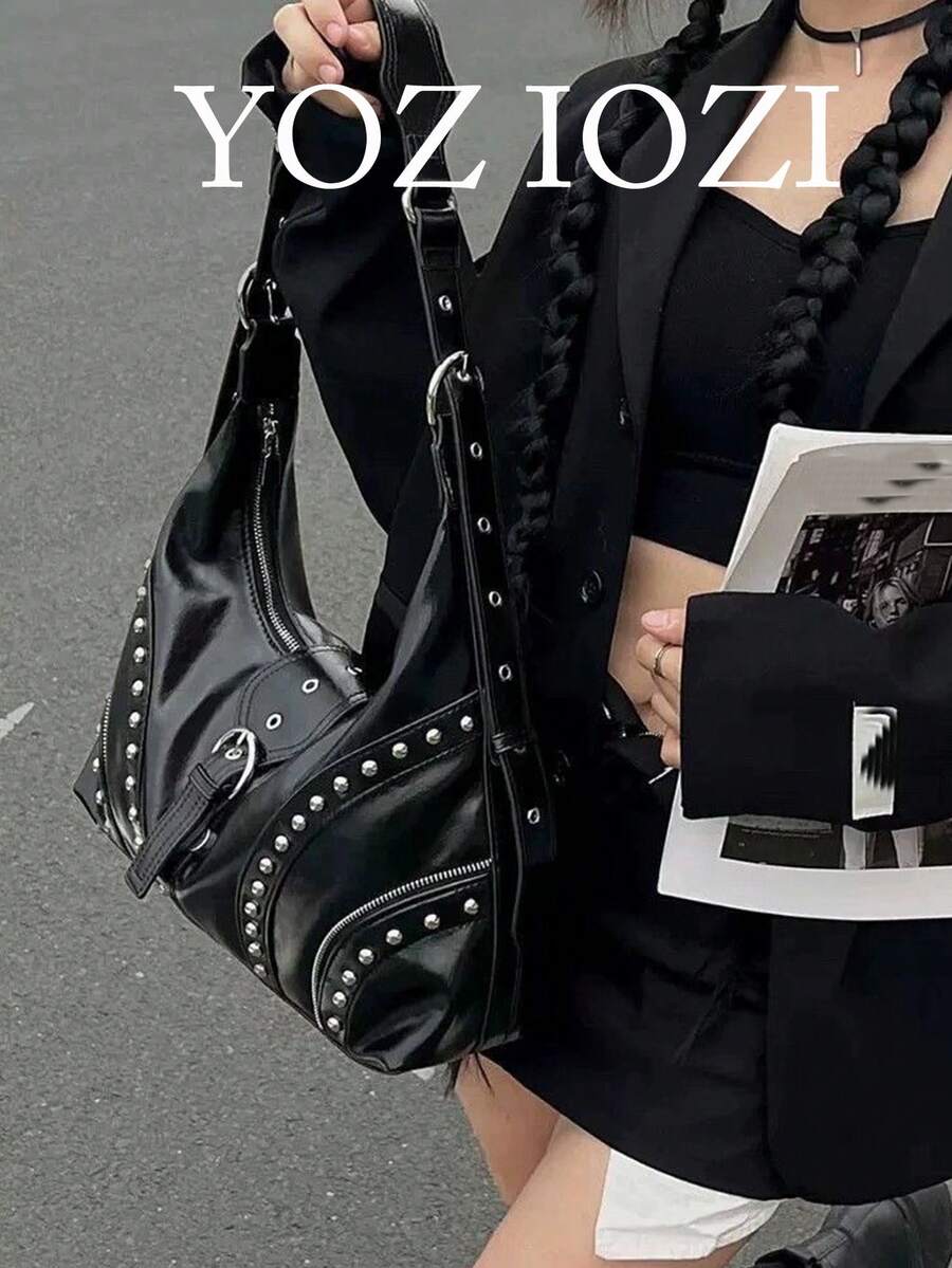 歐美小眾設計 Ins 風格時尚 Y2K 千禧辣妹鉚釘腋下機車包,時尚手提包、單肩托特包,通勤、外出、日常購物,百搭斜挎單肩包 - 黑色 - 查看 1