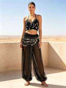 Professional Belly Dance Coin Fringe Halter Crop Top With Waist Scarf, Elastic Waist Dot Mesh Harem Pants For Dance Training, Stage Shows And Competitions - Multicolor - View 6