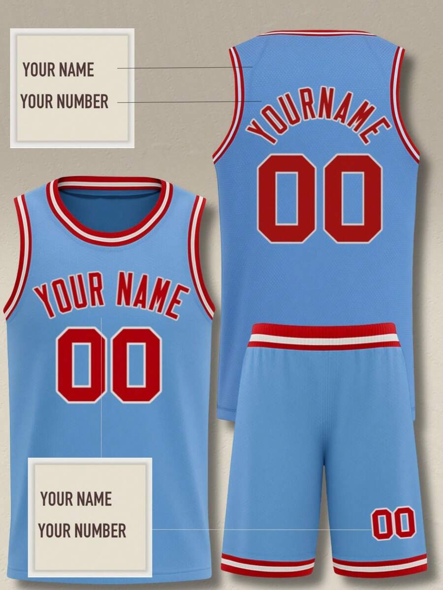 2pcs Personalized Men's Basketball Jersey Set- Customized Name,Number Print Tank Top+Shorts Sports Set For Team Training