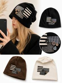 Patchwork Button Decor Slouchy Beanie For Women, Plaid & Striped Applique Loose Knit Cold Weather Hat, Japanese Street Style Oversized Headwrap, Spring/Autumn Face-Slimming Versatile Soft Ear-Covering Hat - Multicolor - View 1