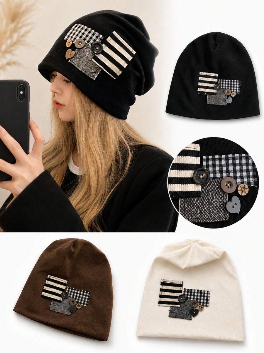 Patchwork Button Decor Slouchy Beanie For Women, Plaid & Striped Applique Loose Knit Cold Weather Hat, Japanese Street Style Oversized Headwrap, Spring/Autumn Face-Slimming Versatile Soft Ear-Covering Hat - Multicolor - View 1