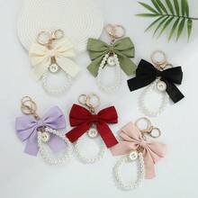 1pc Satin Bow Pearl Keychain, Exquisite Round Rhinestone Pendant Bag Charm, Elegant Handbag Accessory, Women's Style - Multicolor - View 8