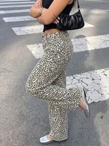Celana Jeans Wanita Motif Leopard Potongan Lurus dengan Saku dan Resleting, Celana Panjang Kasual, Cocok untuk Pesta Musim Gugur - Coklat - View 4