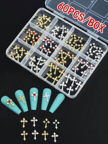 12格 60件組：奢華十字造型美甲飾品混色套裝，經典西式風格，極簡百搭 3D 美甲配件，適合 Y2K 風格美甲，適用於女性與女孩 - 彩色 - 查看 9