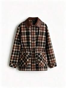 Women's Plaid Jacket, Brown Long Sleeve Zip Up Shirt Jacket With PU Leather Collar, Casual Fall Autumn Outerwear - Brown - View 5