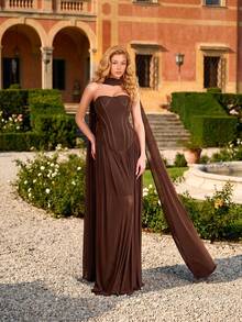 Elegant Brown Ribbon Decor Backless Lace-Up Bandeau Ultra-Long Mermaid Skirt Party Formal Dress 2-Piece Set - Brown - View 1