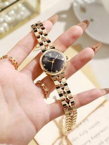 Women's Luxury Rhombus Patchwork Alloy Band Quartz Watch, Classic Minimalist Dial Bracelet Wristwatch, Gift For Girlfriend (1pc/Set) Watch Box Not Included - Gold - View 2