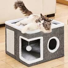 Large Cat Cave Bed With Scratching Board And Fluffy Ball Foldable Cat Cozy House 41X41X32CM - Grey - View 6