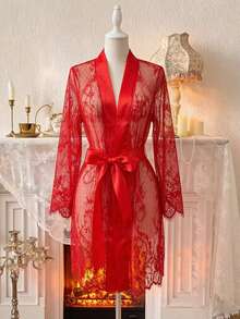 Spring/Summer Lace Trim Comfortable Soft Robe With Waist Tie For Women, All-Season Party Pajamas - Red - View 7