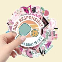 62pcs Pink Pickleball Theme Stickers, Vinyl Material, Cartoon Decorative Stickers, Suitable For Scrapbooking, Sealing, Envelopes, Guitars, Musical Instruments, Halloween, Christmas, Teen Party Supplies, Rewards And Inspirational Decoration - 62pcs-multicolor - View 2