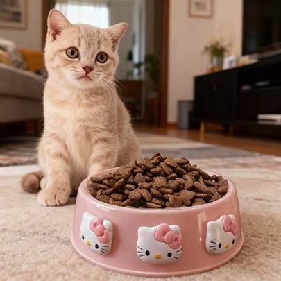 Sanrio 卡通 Hello Kitty 粉色圓形寵物碗，貓狗食盆與水碗，大容量防摔狗碗，禮品風格