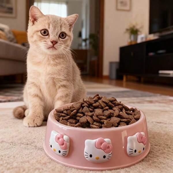 Sanrio 卡通 Hello Kitty 粉色圓形寵物碗，貓狗食盆與水碗，大容量防摔狗碗，禮品風格