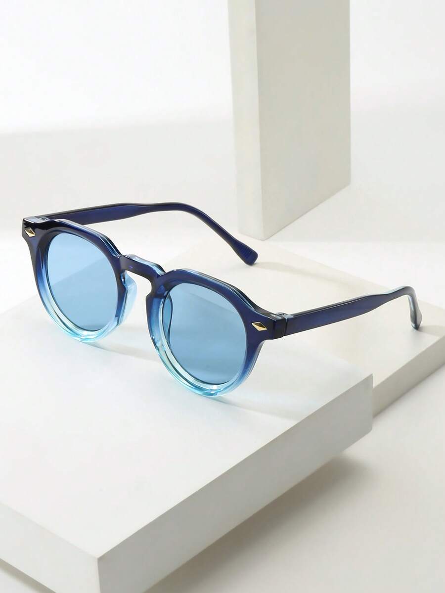 1pc Unisex Vintage Round Small Frame Minimalist Fashion Glasses, Suitable For Travel, Holidays, Beach And Daily Wear - Progressive Blue Frame Blue Film - View 1