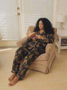 CAJUNI Plus Size Women's Leopard Print Long Sleeve Lapel Pajama Pants Set - Black - View 5