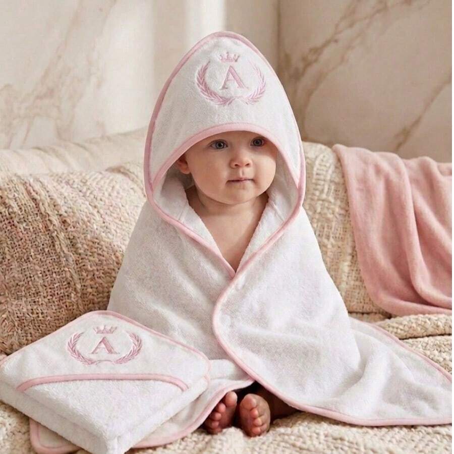 2-Piece Personalized Baby Bath Towel And Hooded Towel Set With Embroidered Name Initial, 100% Cotton, High Absorbency, Baby Pink - Rosa Claro - 查看 1