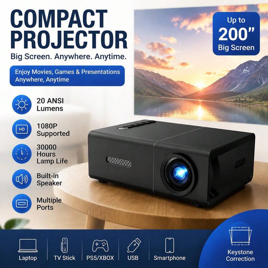 迷你電影投影機 20-100 吋螢幕 1080P 便攜式投影機,兼容 USB | 筆記本電腦 | 手機,內建喇叭,公寓必備,電子科技小配件,迷你電視,酷炫好物 - usb款 - 查看 1