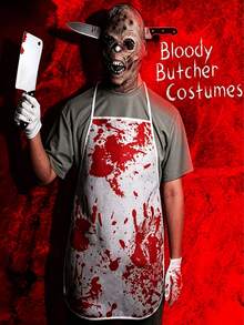 1 Set Horror Halloween Polyester Apron With Blood Stains And Chef Knife, Fun Role Play Apron, Bar Party Halloween Supplies, Chef Server Barber BBQ Adult Apron - A - View 3