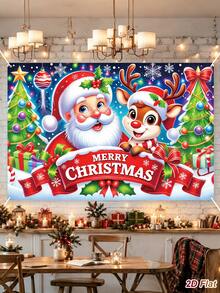 1Pc Christmas Backdrop Cloth With Santa Claus&Reindeer&Christmas Tree Design, Merry Christmas Hanging Background Cloth, Photo Booth Backdrop, Party Backdrop Banner, Backdrop Decoration, Christmas Decoration, Xmas Decor, Home Decor - Christmas a - View 5