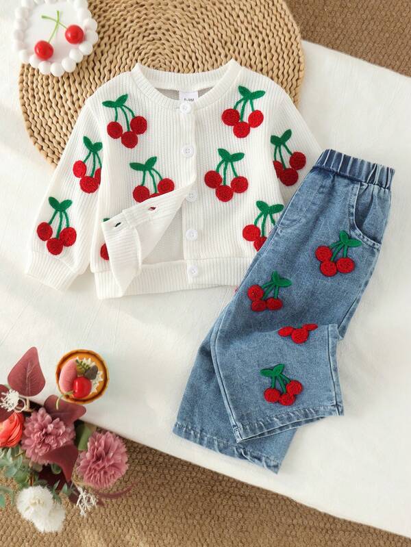 2pcs Baby Girl Pastoral Style Cherry 3D Embroidered Long Sleeve Knit Cardigan & Denim Straight Leg Pants Set, Thin Spring/Autumn