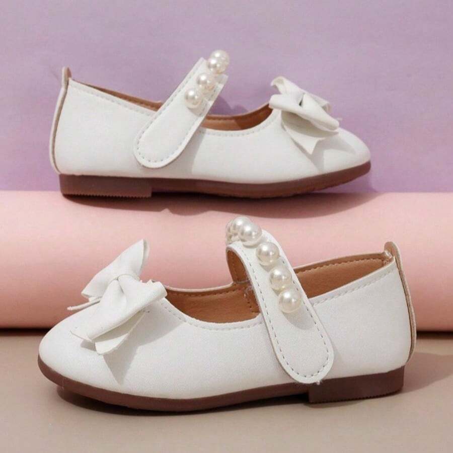 Girls Cute Princess Shoes With 3D Bow And Pearl Strap, All-Season Casual Daily Versatile Dress Shoes For Kids - White - View 1