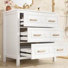 Freestanding Washbasin Measuring 76.5 X 47 X 82 Cm, Fully Lacquered, One-Piece Ceramic Basin, Three Drawers, Silent Extraction System, White Color. - White - View 1