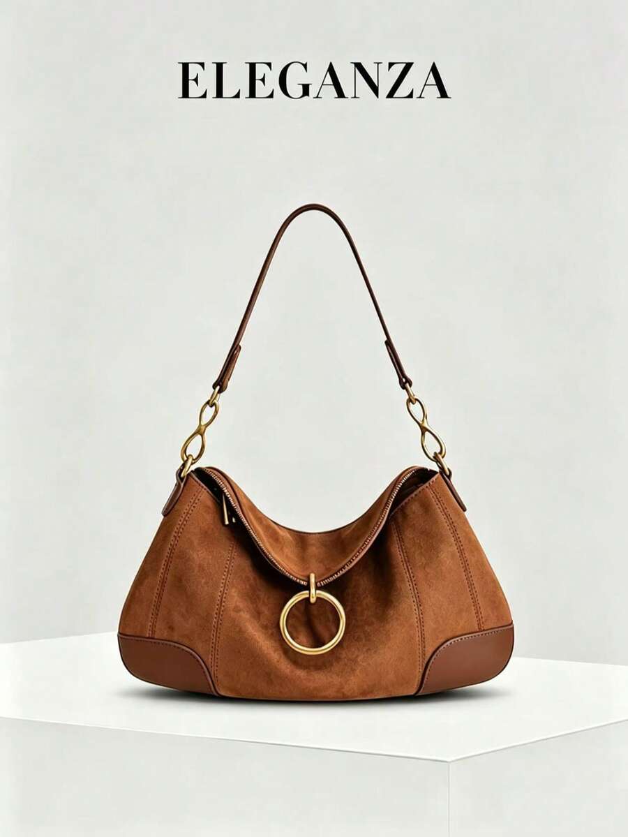 1pc Camel Color Suede Patchwork Shoulder Bag, Niche Design Underarm Bag, Round Pendant Handbag, Fashion Commute Vintage Texture Women's Bag, Daily Casual Clutch - Camel - View 1