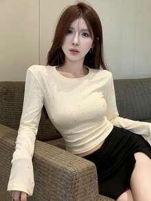 女款素色休閒百搭日常長袖T恤 - 杏色 - 查看 6