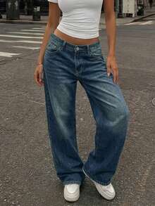 Women's Vintage Loose Boyfriend Straight Leg Denim Jeans - Dark Wash - View 3